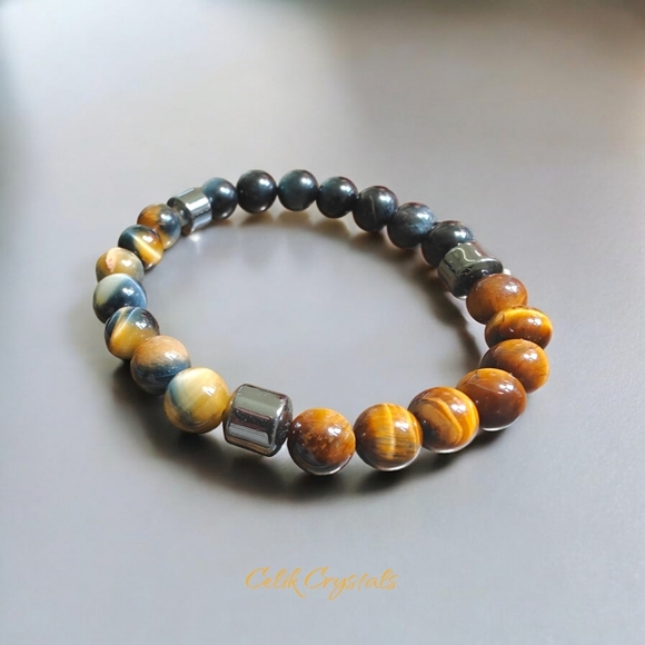 Blue & Golden Tiger Eye Bracelet Natural Stones 8mm Unisex - Picture 1 of 7